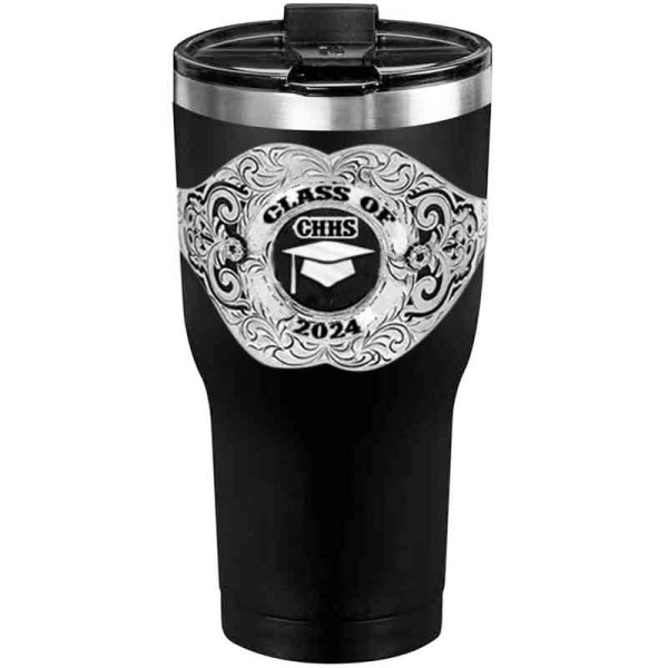 Celebrate your academic achievements with the Honor Roll Custom Tumbler! Personalize it for any school and grad year. This custom cup features a YETI base with a hand-engraved German Silver finish, detailed scrollwork, a figure of your choice, and vibrant